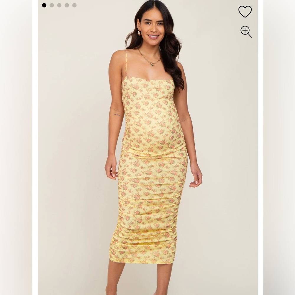 Yellow Mesh Ruched Maternity Fitted Dress